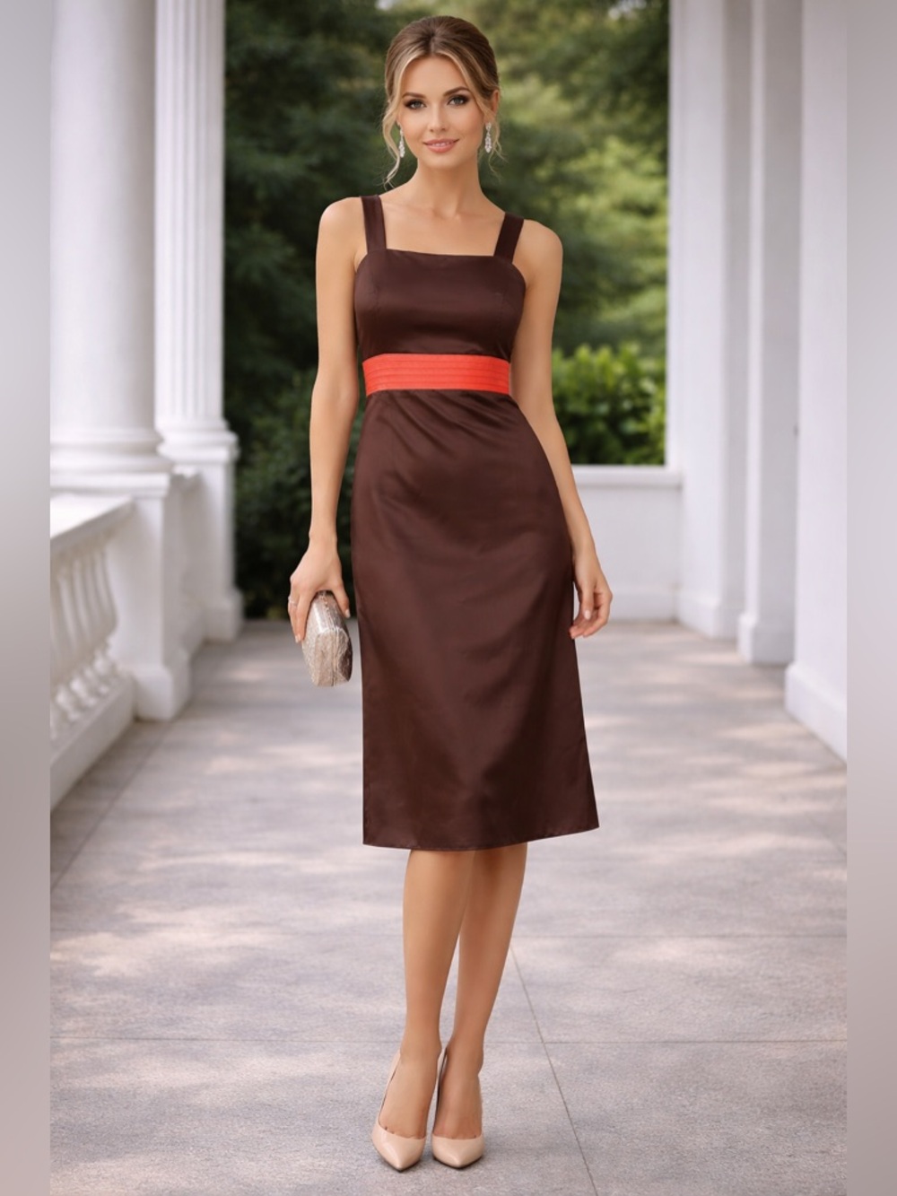 Bill Levkoff Brown Satin Midi Dress with Coral Waistband Size 12